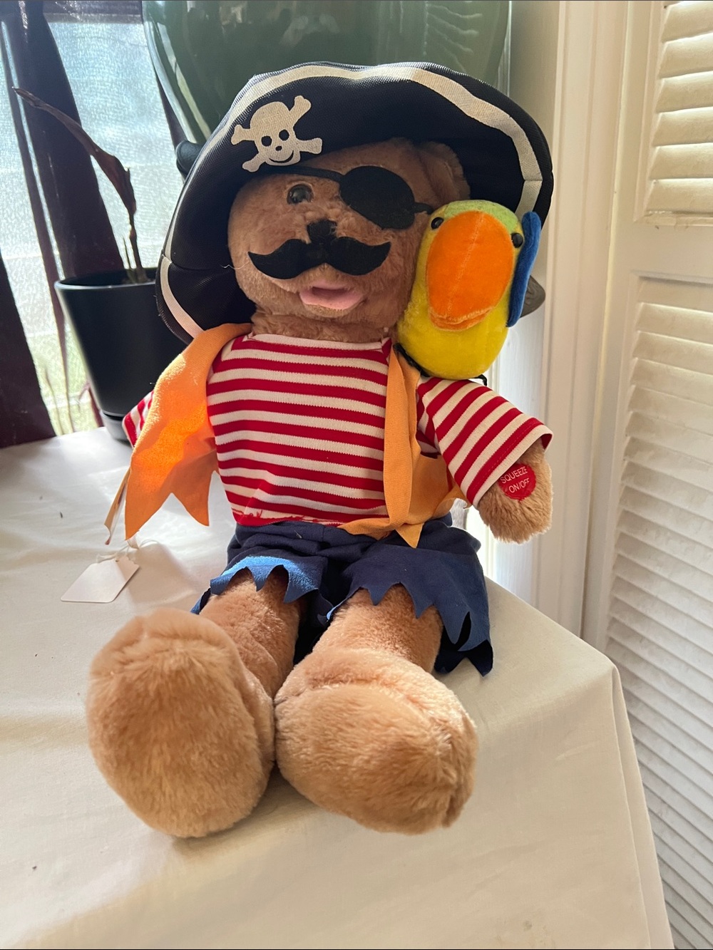 Vintage Pirate Teddy with Red & White Stripes and Colorful Parrot